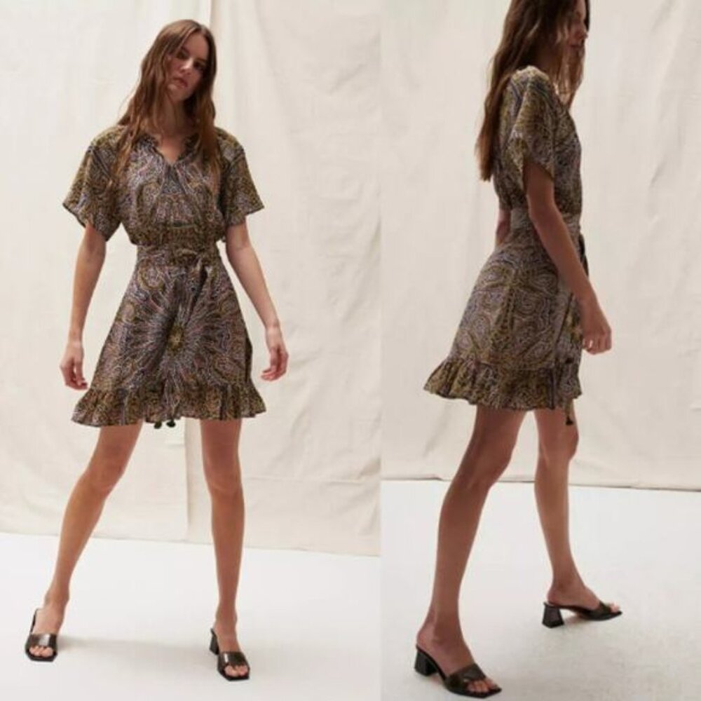 NWT Figue Cleo Silk Ruffle Neck Belted Mini Dress Medallion Multi Spruce Large